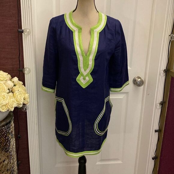 Calypso St. Barth linen Navy Dress with Lime Accents, S - Picture 1 of 9